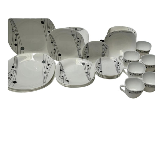 Juego de Vajilla 30 Diseño Moderno con Líneas y Puntos Negros