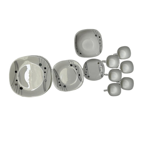 Juego de Vajilla 30 Diseño Moderno con Líneas y Puntos Negros