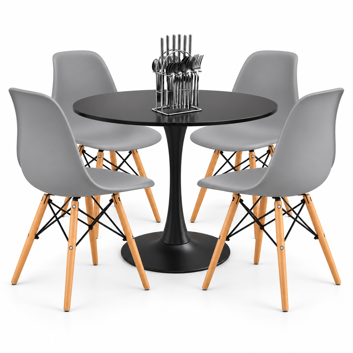 Comedor Sonic Negro de 4 Puestos con 4 Sillas Eames y Cubiertos de Regalo