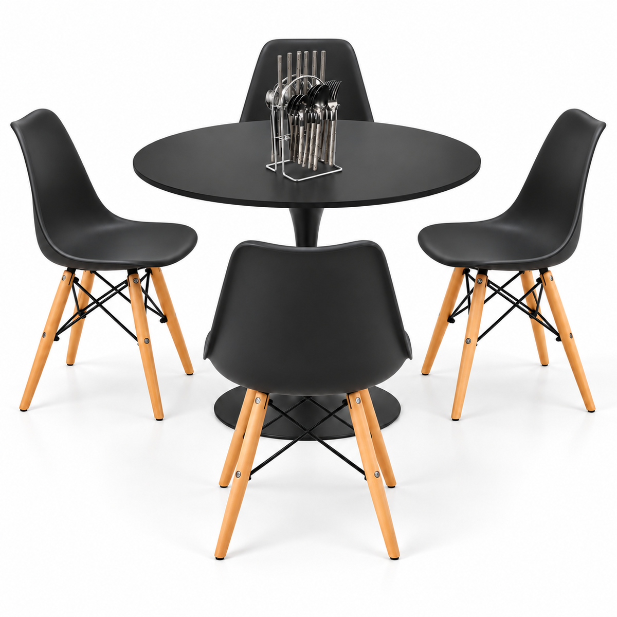 Comedor Sonic Negro de 4 Puestos con 4 Sillas Eames y Cubiertos de Regalo