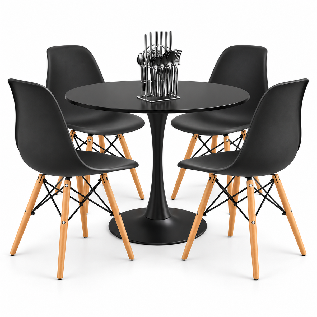 Comedor Sonic Negro de 4 Puestos con 4 Sillas Eames y Cubiertos de Regalo