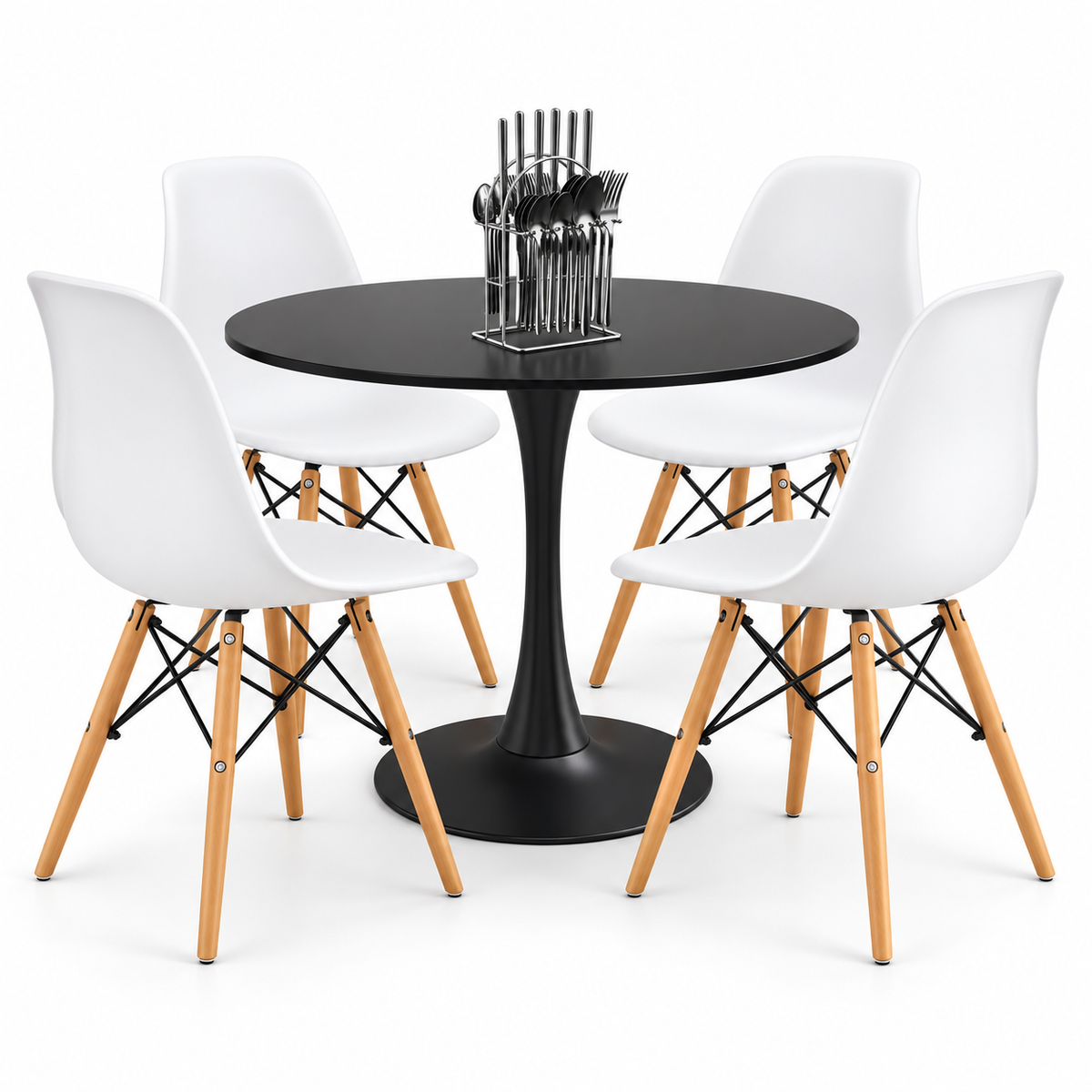Comedor Sonic Negro de 4 Puestos con 4 Sillas Eames y Cubiertos de Regalo