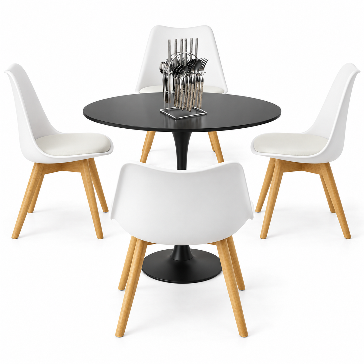 Comedor Sonic Negro de 4 Puestos con Sillas Emma Acolchadas y Cubiertos Gratis