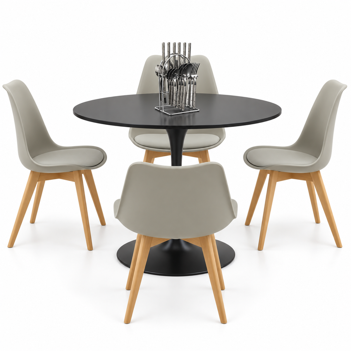 Comedor Sonic Negro de 4 Puestos con Sillas Emma Acolchadas y Cubiertos Gratis