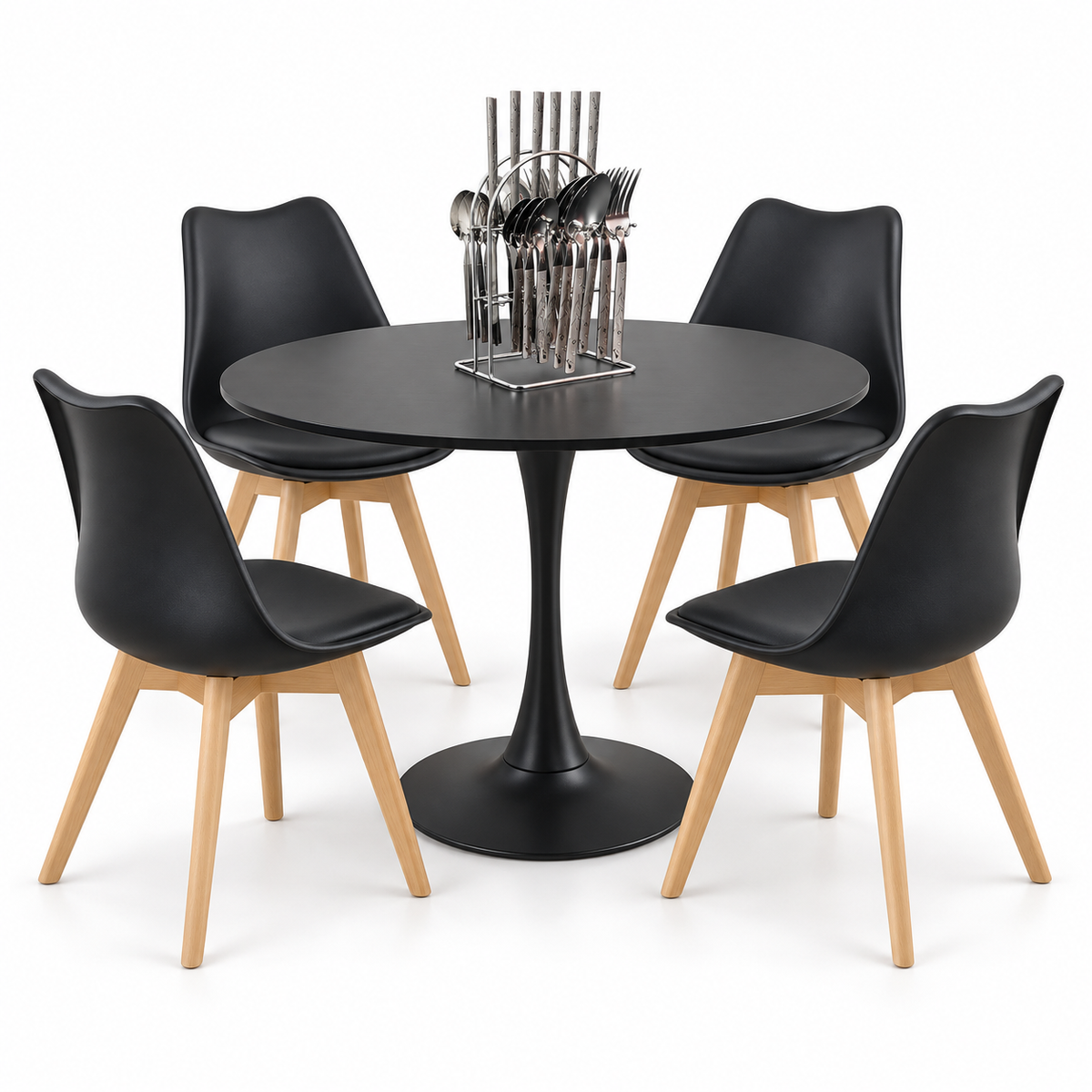 Comedor Sonic Negro de 4 Puestos con Sillas Emma Acolchadas y Cubiertos Gratis