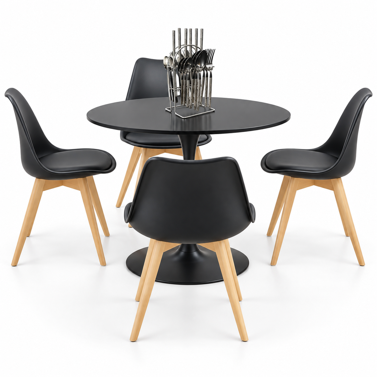 Comedor Sonic Negro de 4 Puestos con Sillas Emma Acolchadas y Cubiertos Gratis