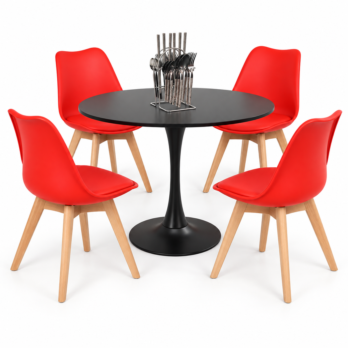 Comedor Sonic Negro de 4 Puestos con Sillas Emma Acolchadas y Cubiertos Gratis