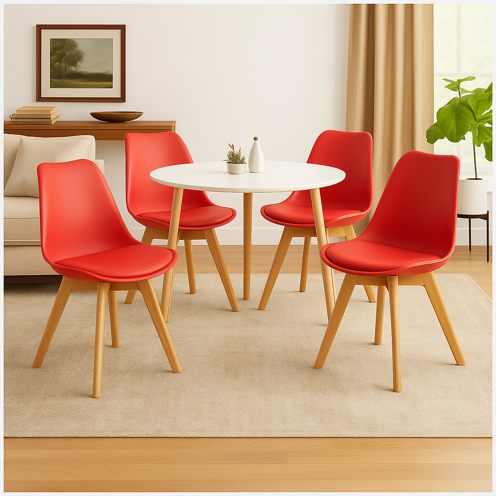 Comedor moderno con sillas Emma rojas para hogar, cocina y espacios decorativos