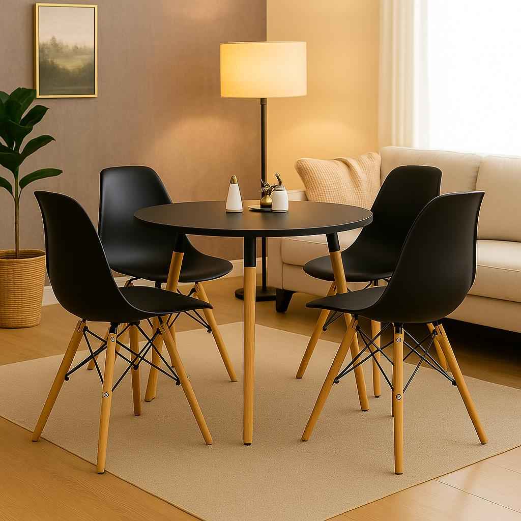 Comedor minimalista con silla Eames negra para hogar y espacios modernos
