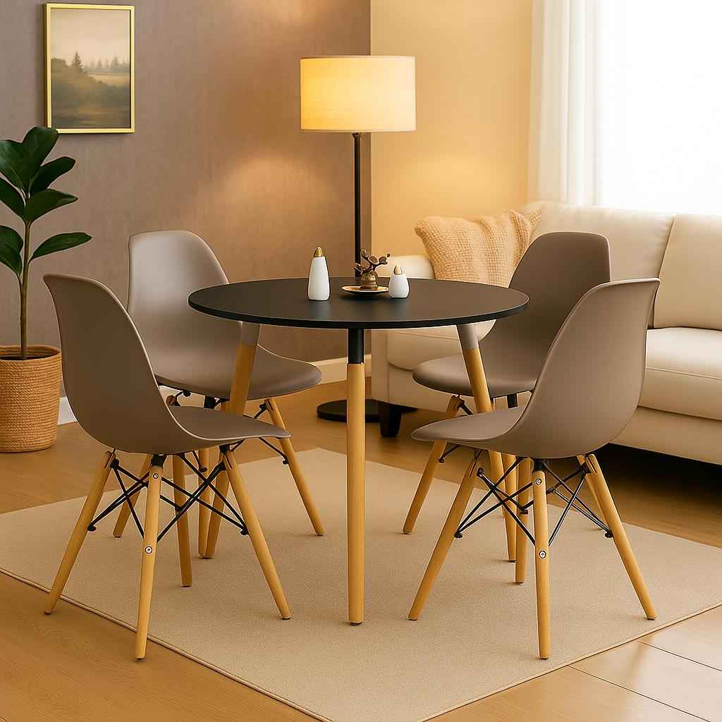 Comedor minimalista redondo con silla Eames para espacios pequeños