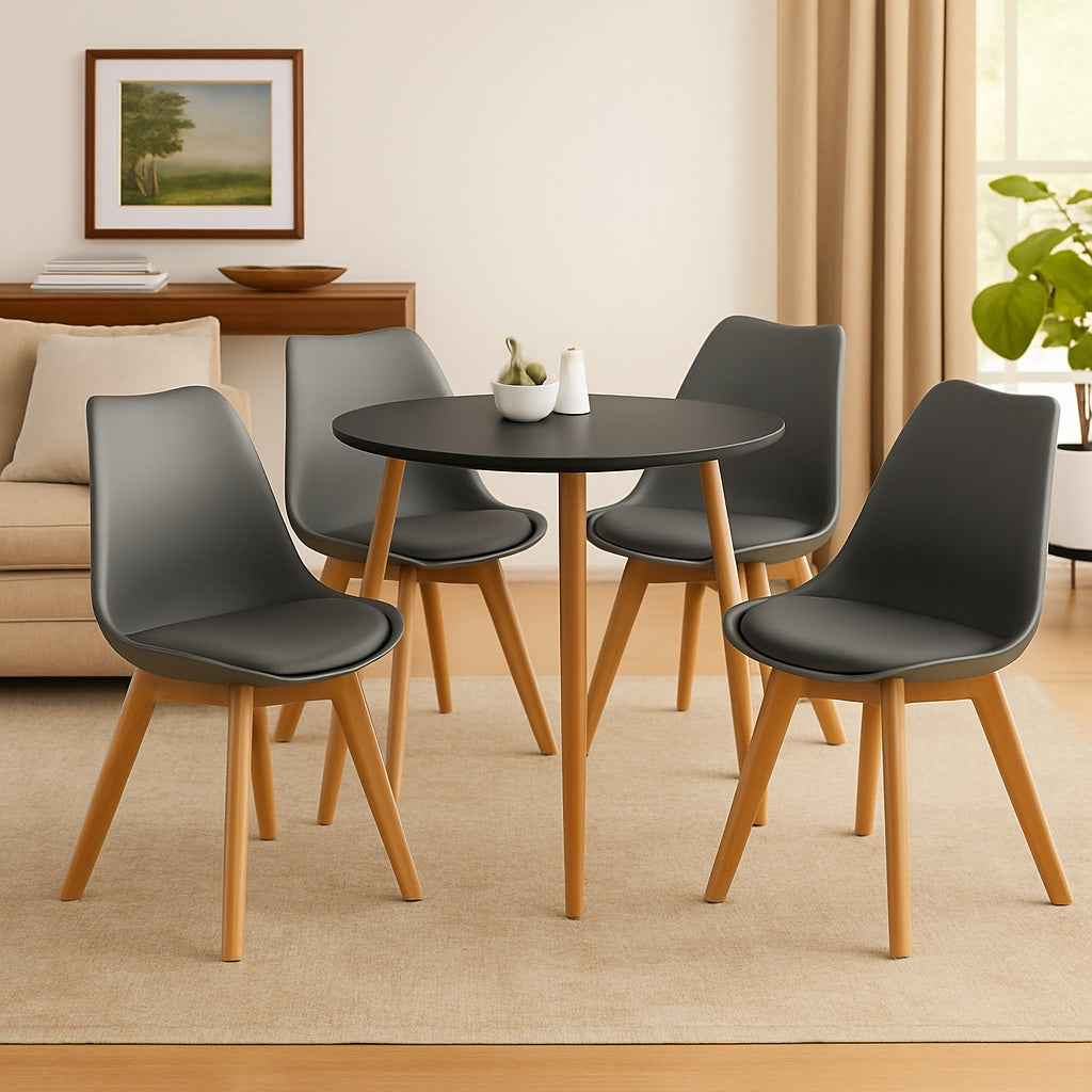 Comedor minimalista con mesa redonda de 3 soportes y sillas Emma para hogar