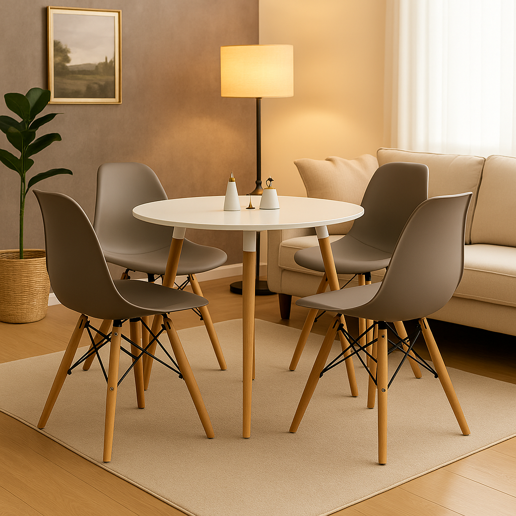 Mesa redonda minimalista con sillas Eames para cocina y sala comedor