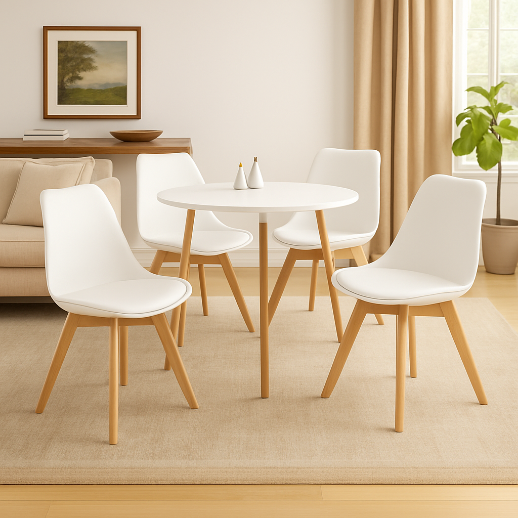 Comedor redondo minimalista con silla Emma beige para espacios modernos del hogar