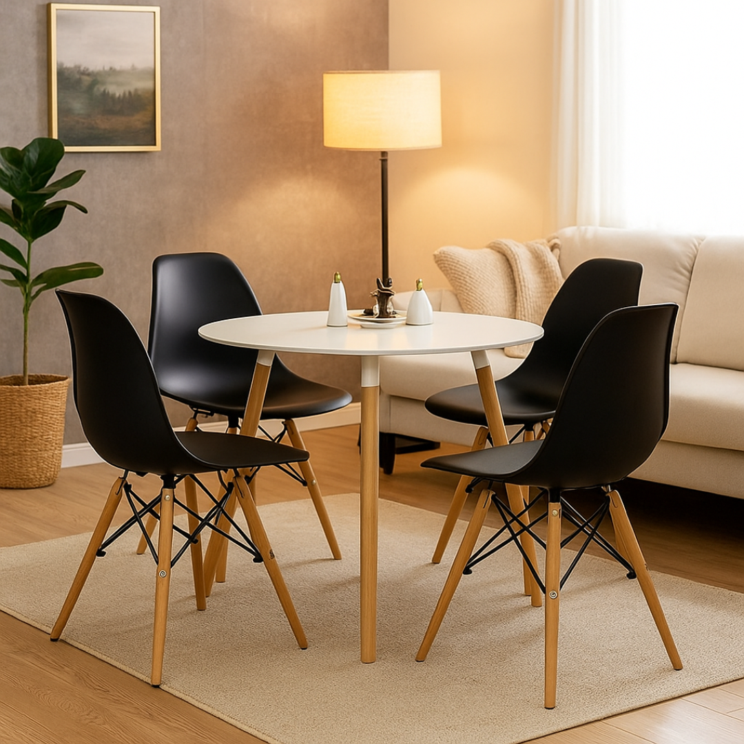 Mesa redonda 3 soportes con sillas Eames para comedor moderno