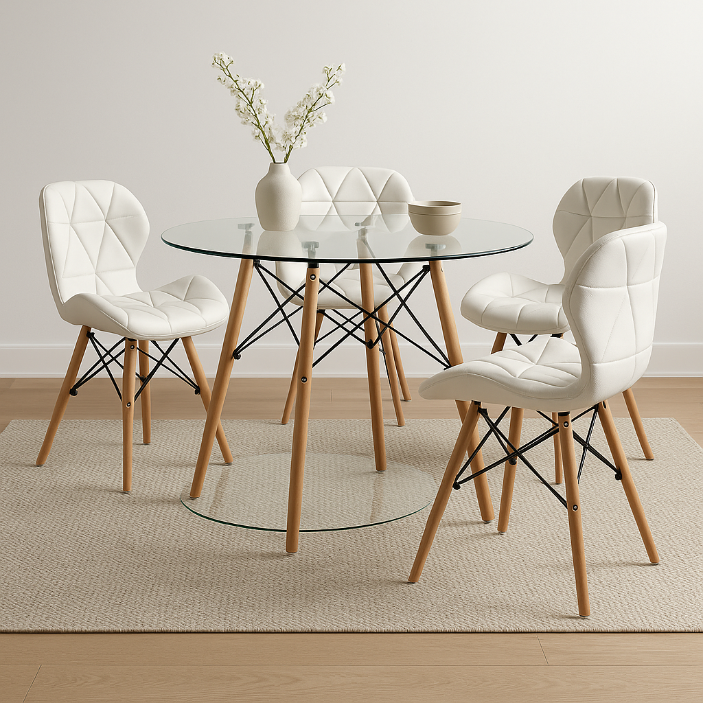 Comedor moderno con mesa redonda de vidrio templado y sillas Mariposa con cojín