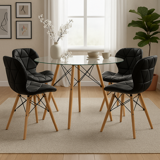 Comedor con mesa de vidrio templado y sillas Mariposa con cojín para hogar moderno