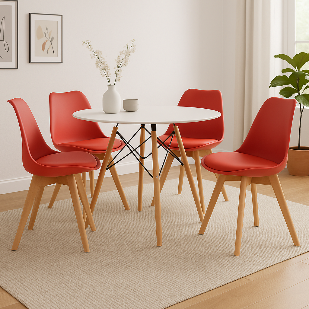 Comedor moderno con sillas rojas en ambiente de hogar o restaurante