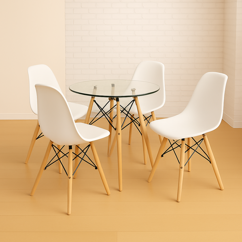 Comedor Minimalista mesa Redonda de vidrio (80 Cm) Con silla Eames