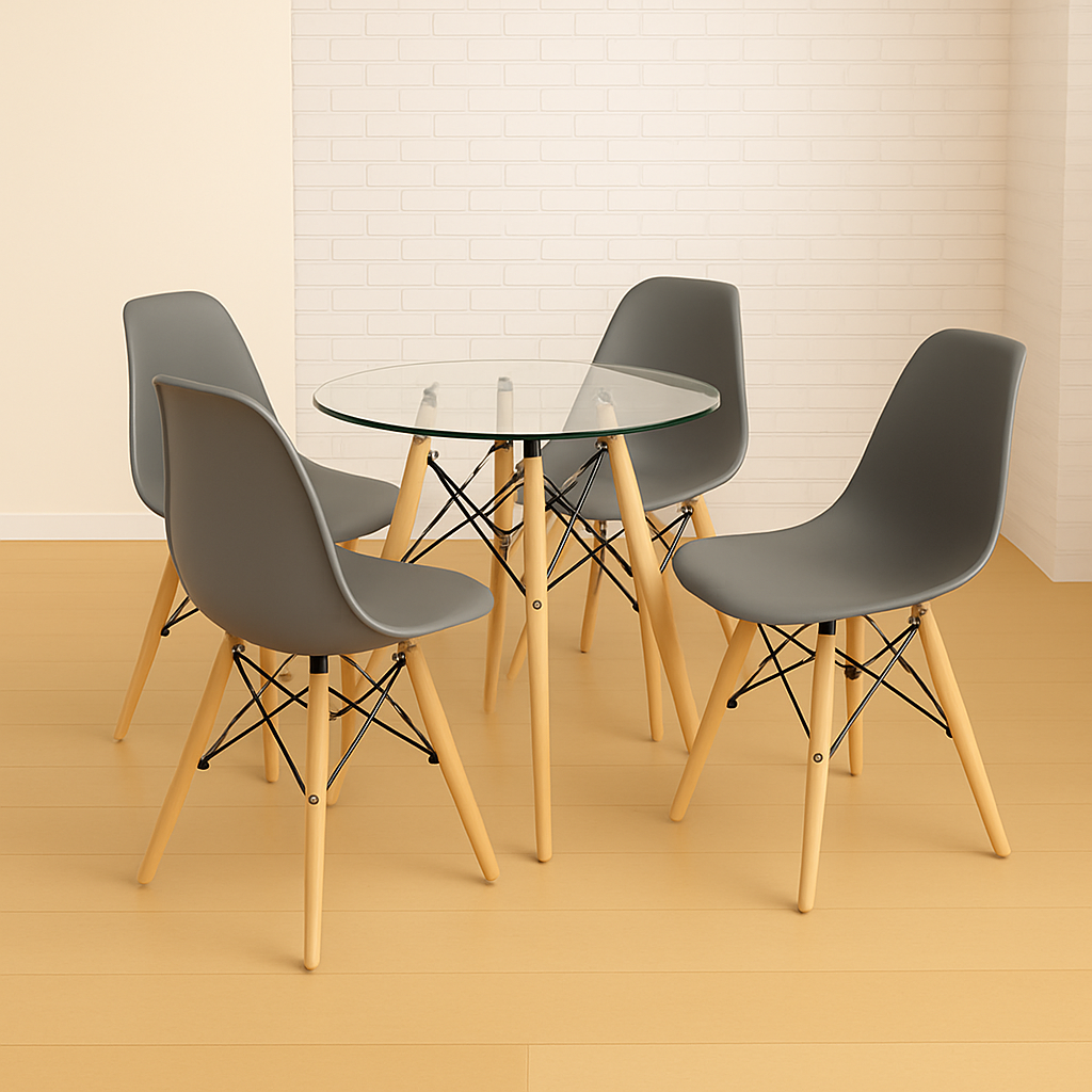 Comedor Minimalista mesa Redonda de vidrio (80 Cm) Con silla Eames