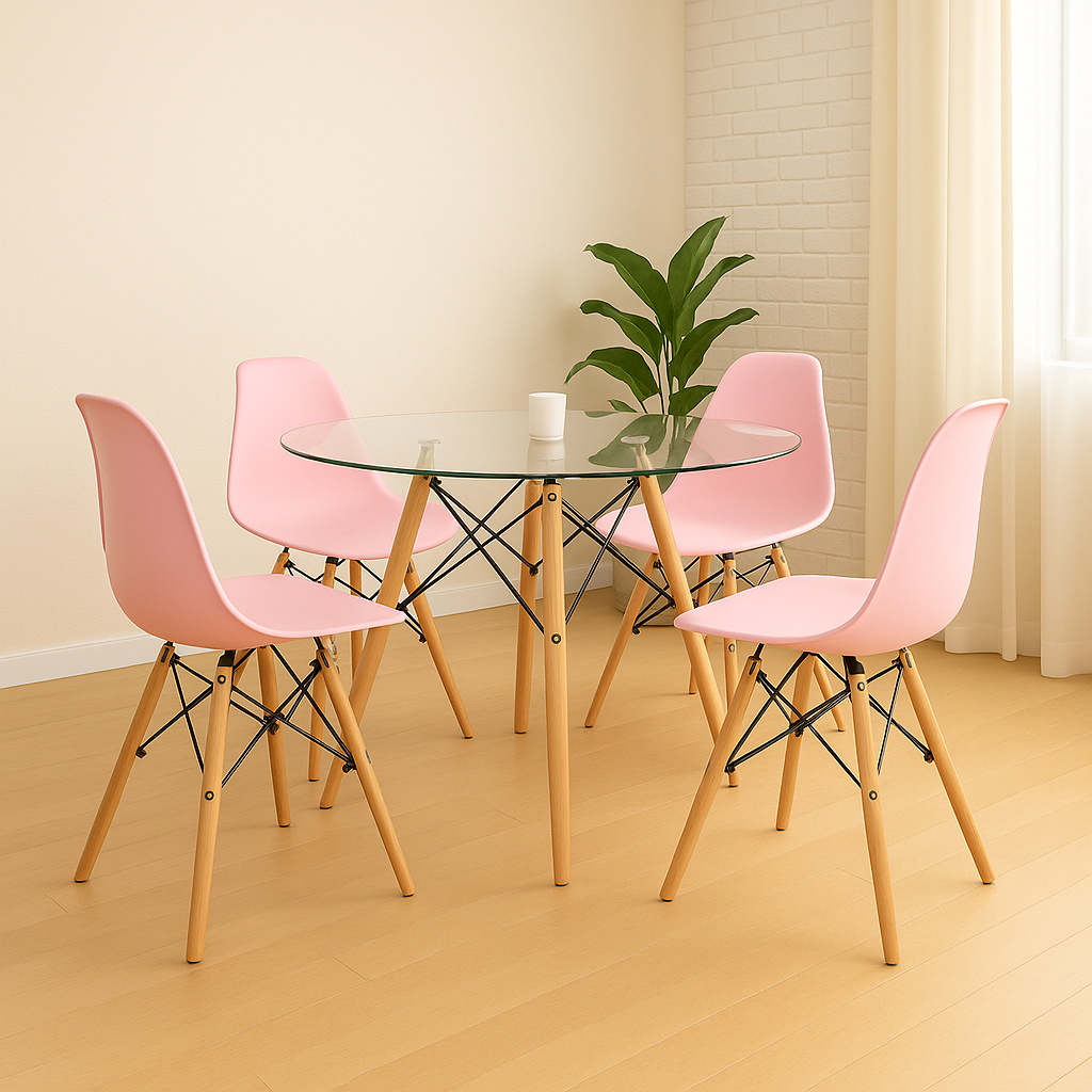 Juego de comedor con mesa redonda de vidrio y silla Eames para apartamento
