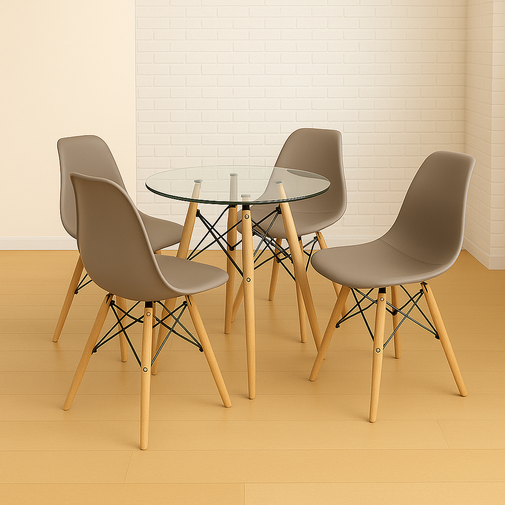 Comedor Minimalista mesa Redonda de vidrio (80 Cm) Con silla Eames