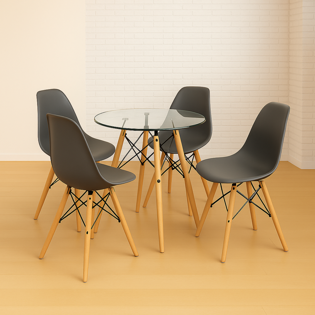 Comedor Minimalista mesa Redonda de vidrio (80 Cm) Con silla Eames