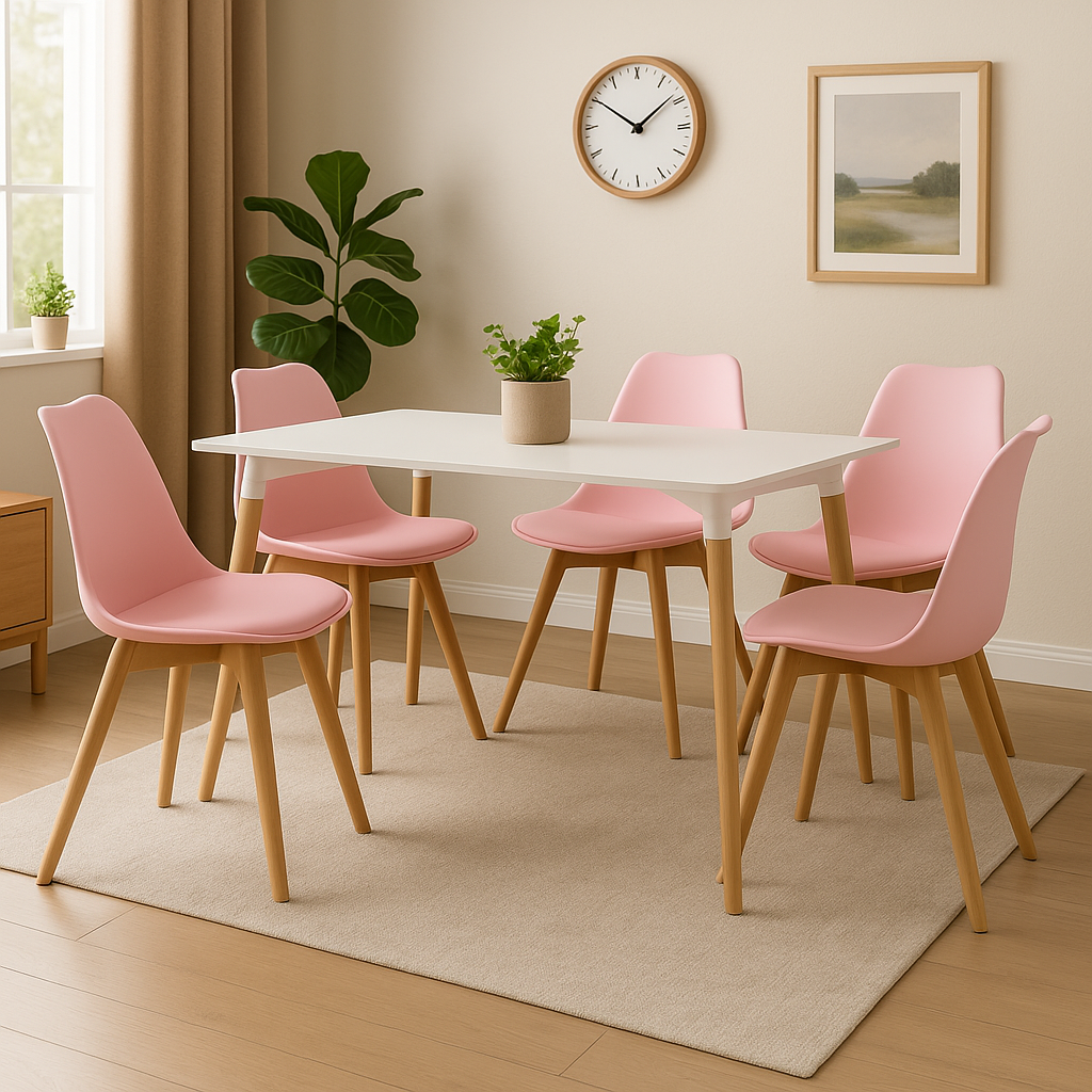 Comedor moderno con sillas Emma rosadas para decoración y uso diario