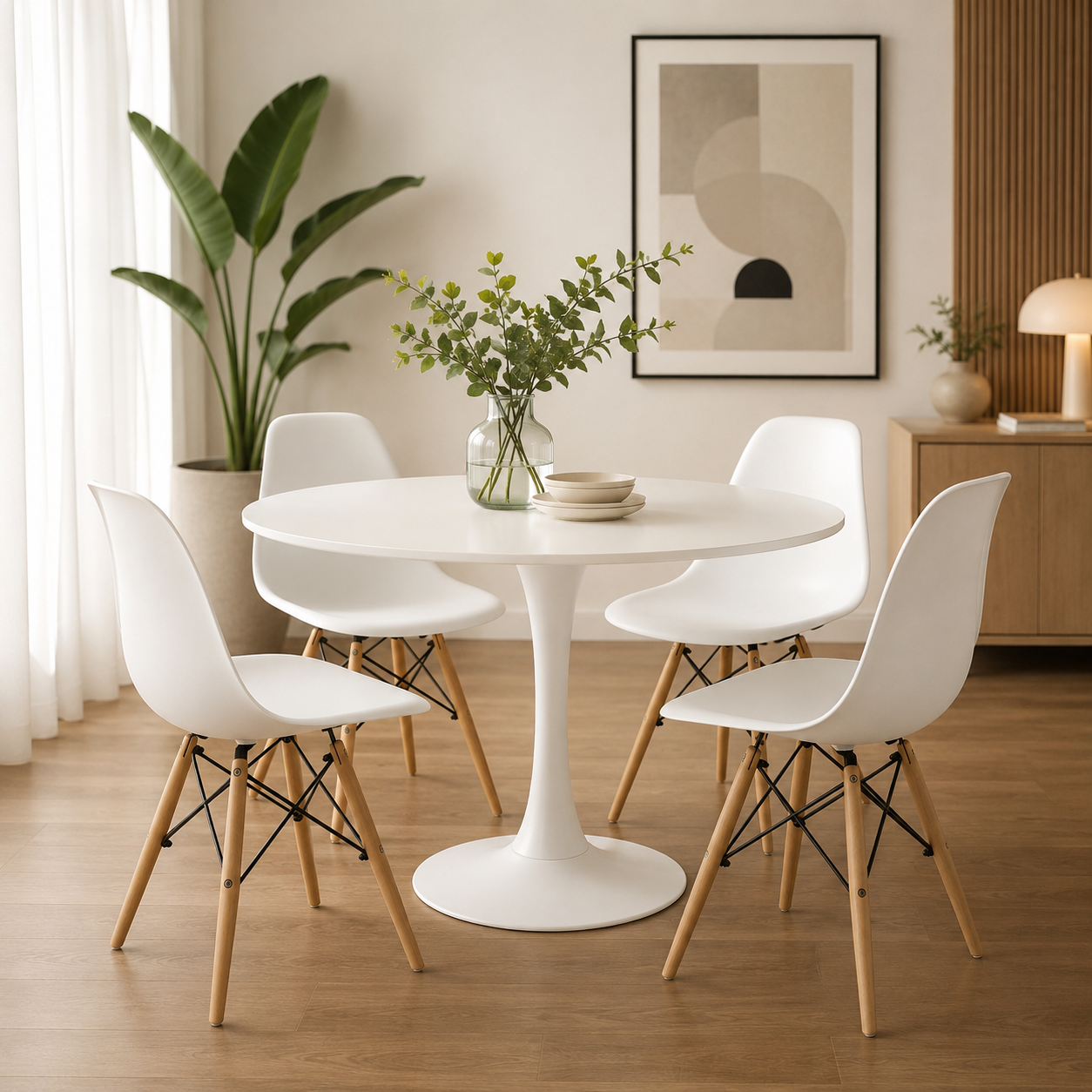 Comedor Sonic Blanco con sillas Eames Estandar