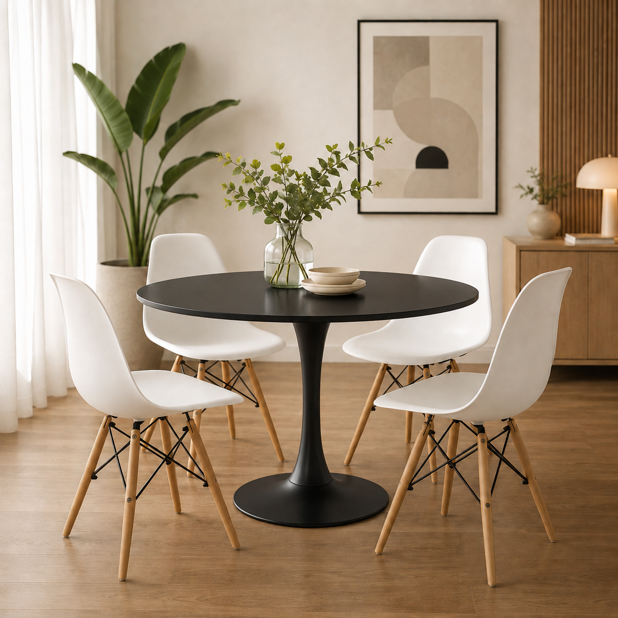 Comedor Sonic Blanco con sillas Eames Estandar