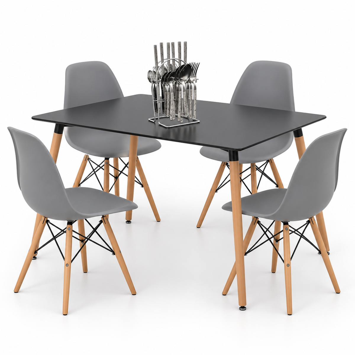 Comedor Rectangular de 4 Puestos con Sillas Eames y Set de Cubiertos de Regalo