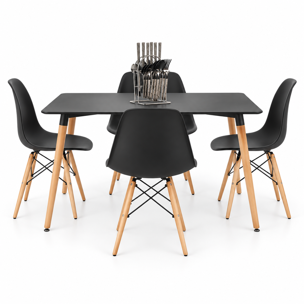 Comedor Rectangular de 4 Puestos con Sillas Eames y Set de Cubiertos de Regalo