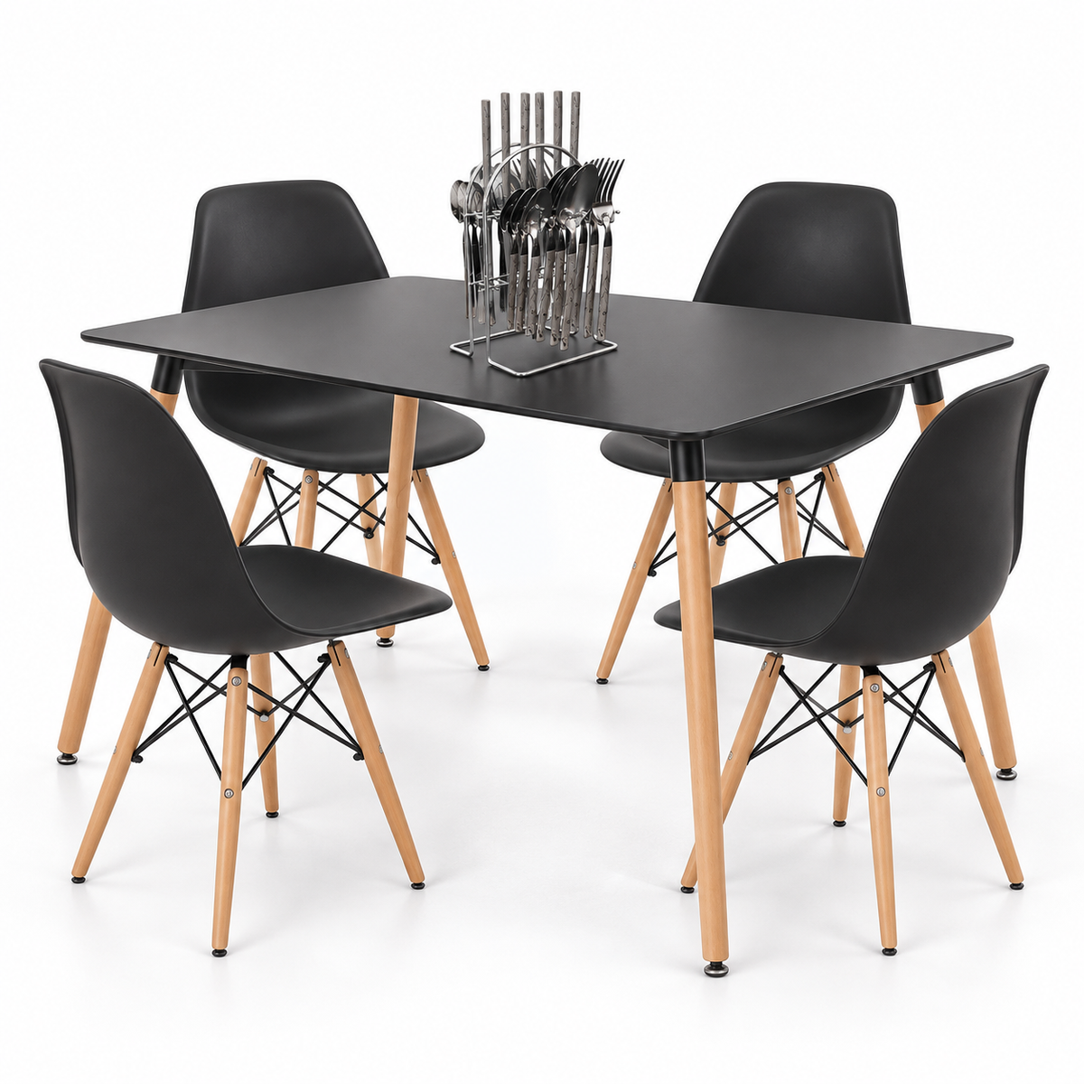 Comedor Rectangular de 4 Puestos con Sillas Eames y Set de Cubiertos de Regalo