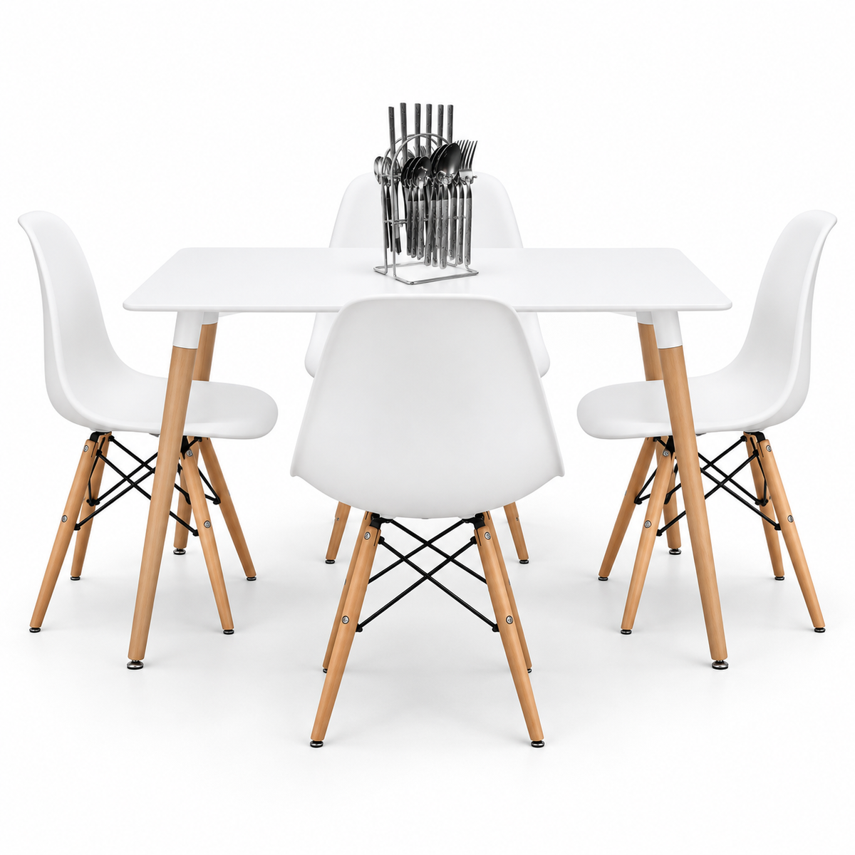 Comedor Rectangular de 4 Puestos con Sillas Eames y Set de Cubiertos de Regalo