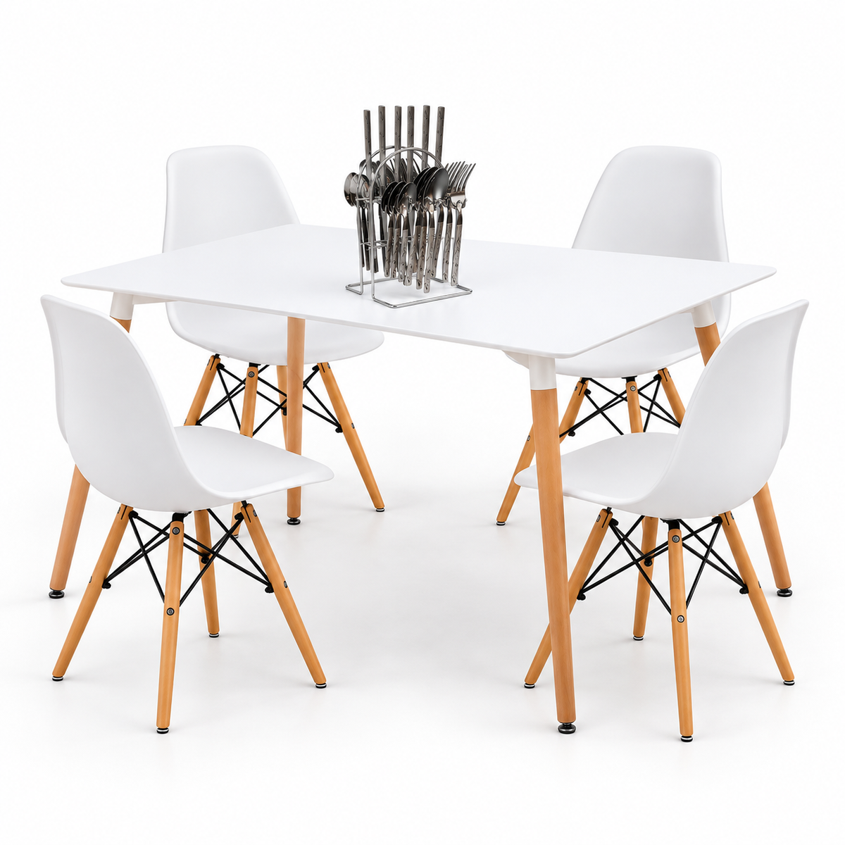 Comedor Rectangular de 4 Puestos con Sillas Eames y Set de Cubiertos de Regalo