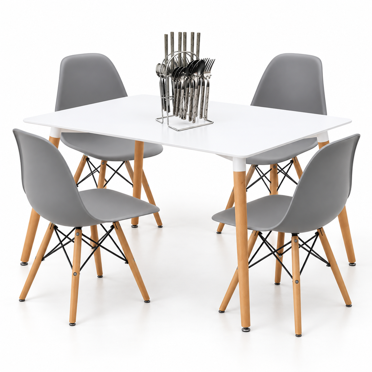 Comedor Rectangular de 4 Puestos con Sillas Eames y Set de Cubiertos de Regalo
