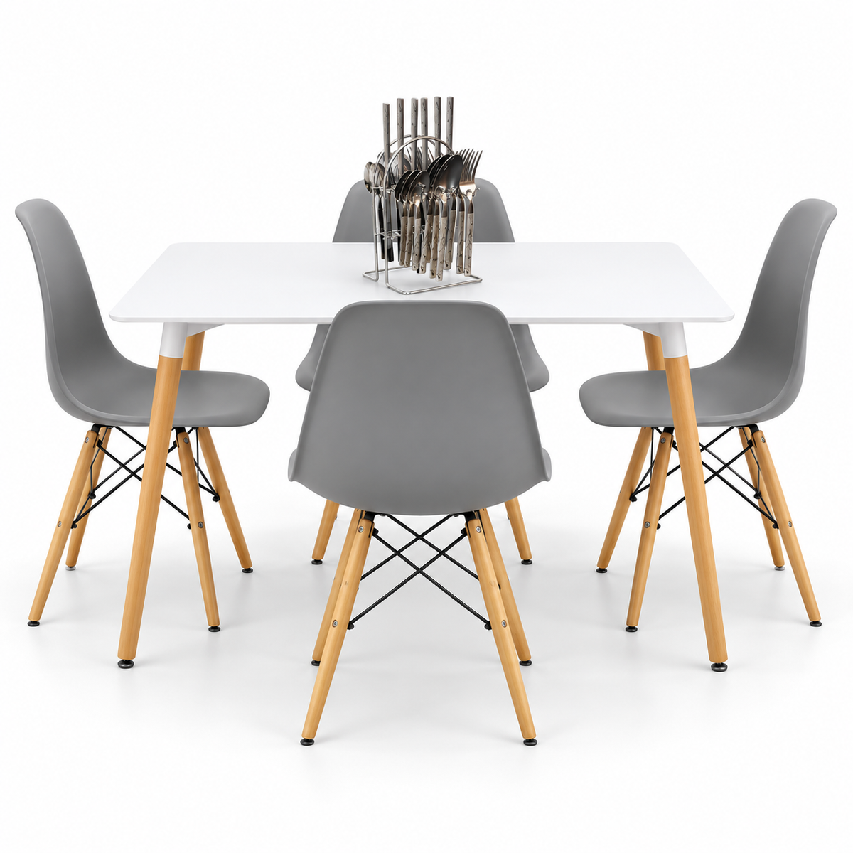 Comedor Rectangular de 4 Puestos con Sillas Eames y Set de Cubiertos de Regalo