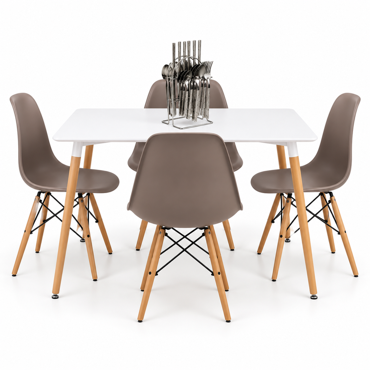 Comedor Rectangular de 4 Puestos con Sillas Eames y Set de Cubiertos de Regalo