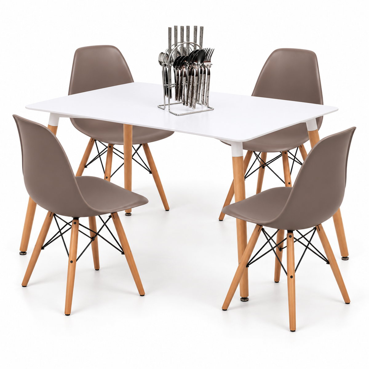 Comedor Rectangular de 4 Puestos con Sillas Eames y Set de Cubiertos de Regalo