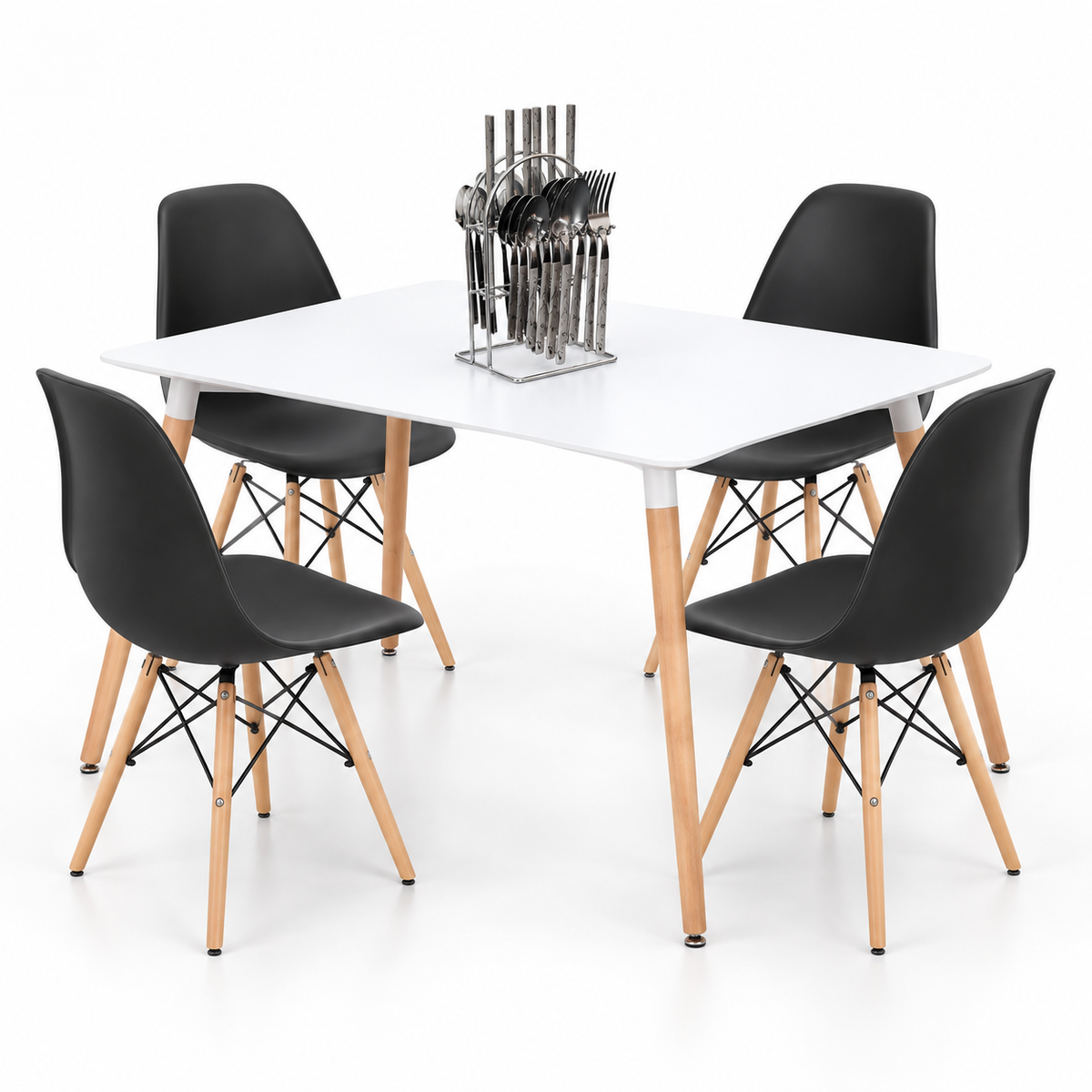 Comedor Rectangular de 4 Puestos con Sillas Eames y Set de Cubiertos de Regalo