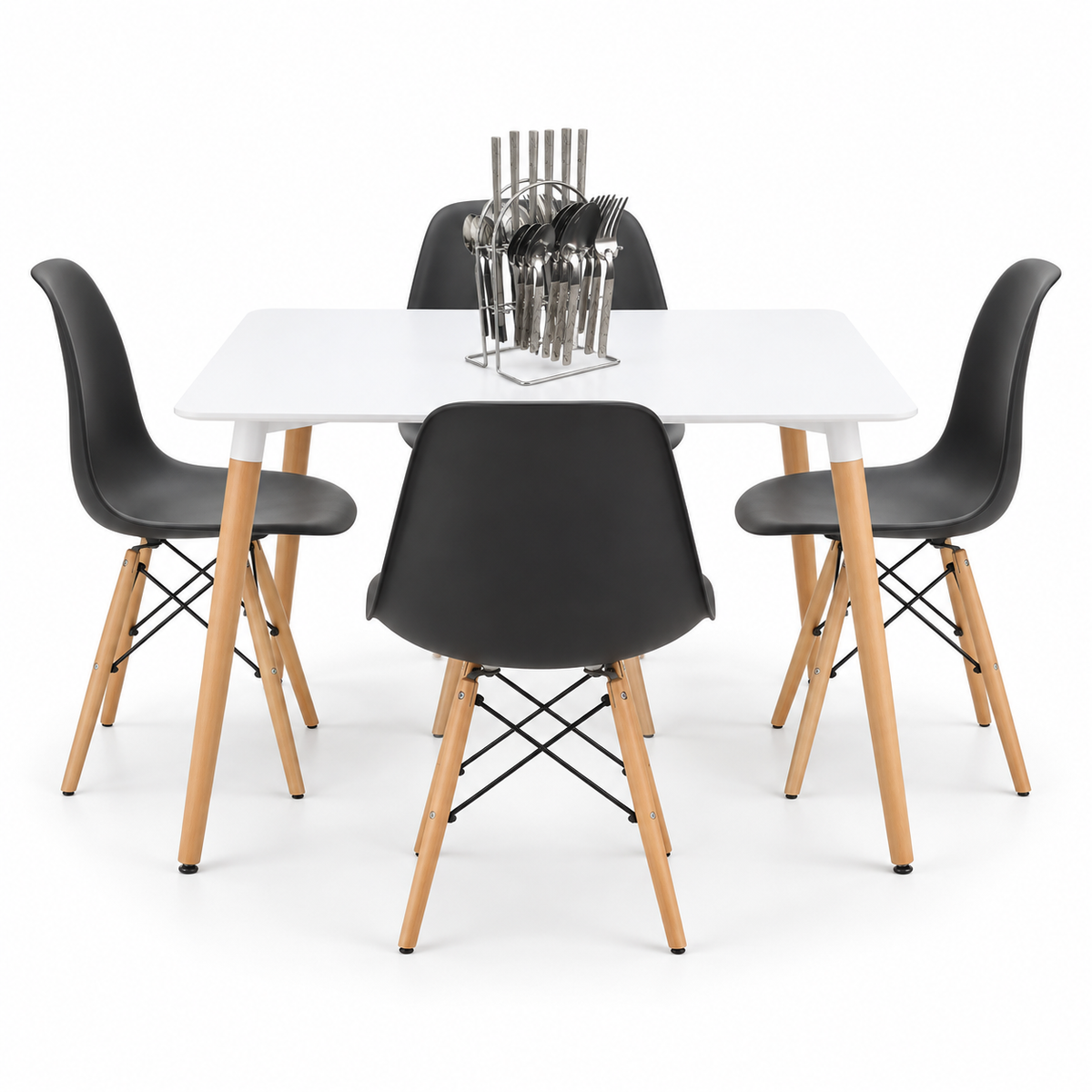 Comedor Rectangular de 4 Puestos con Sillas Eames y Set de Cubiertos de Regalo
