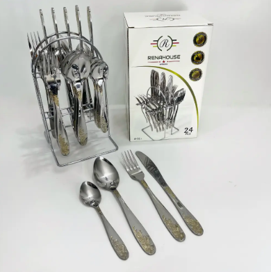 Set De Cubiertos 24 PIEZAS En Acero Inoxidable, Diseño Plateado y Dorado
