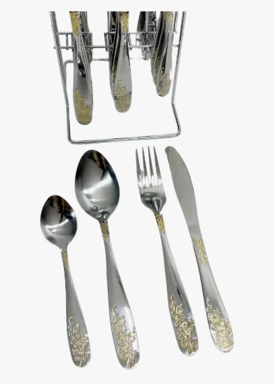 Set De Cubiertos 24 PIEZAS En Acero Inoxidable, Diseño Plateado y Dorado