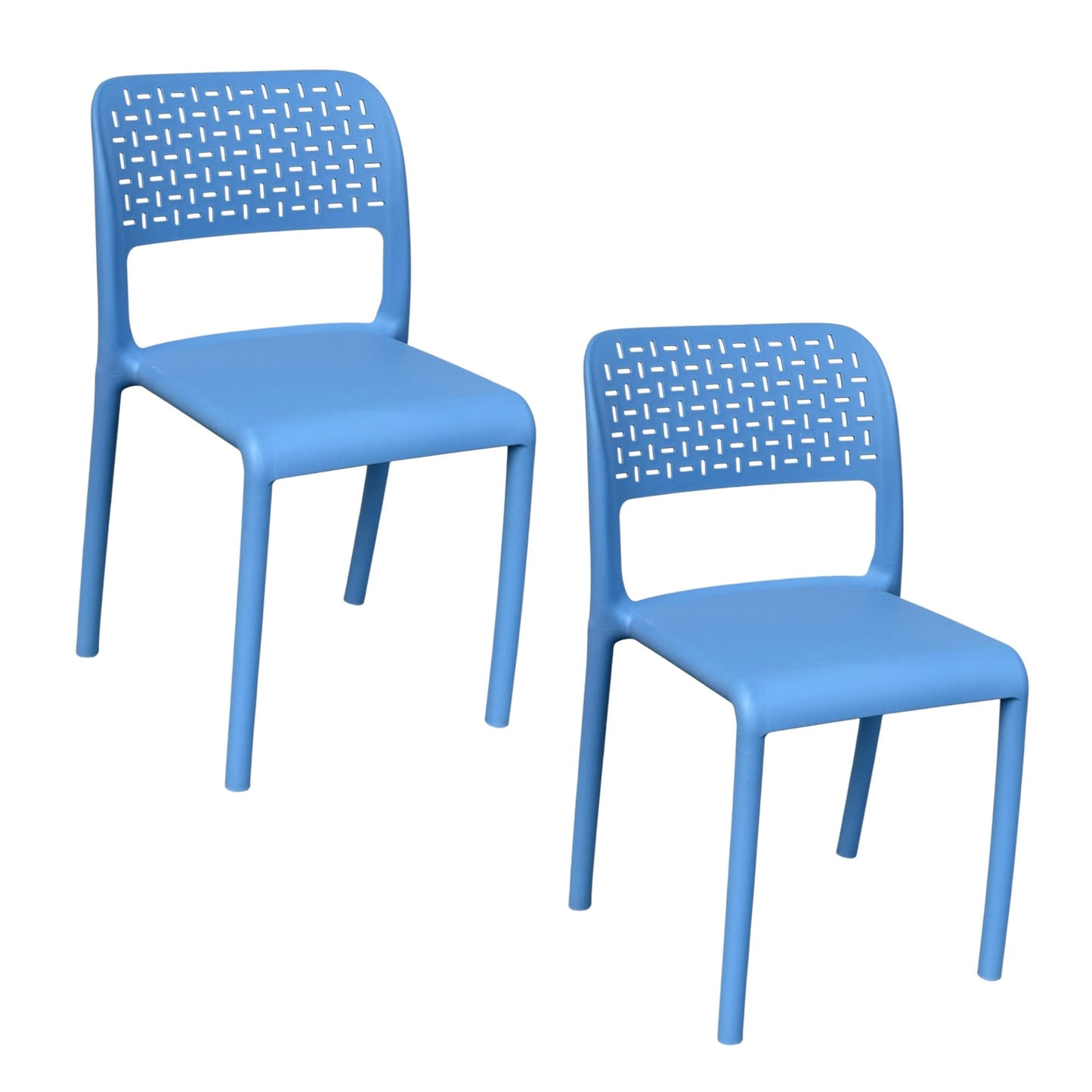 Set de sillas azules con respaldo calado para comedor y negocio