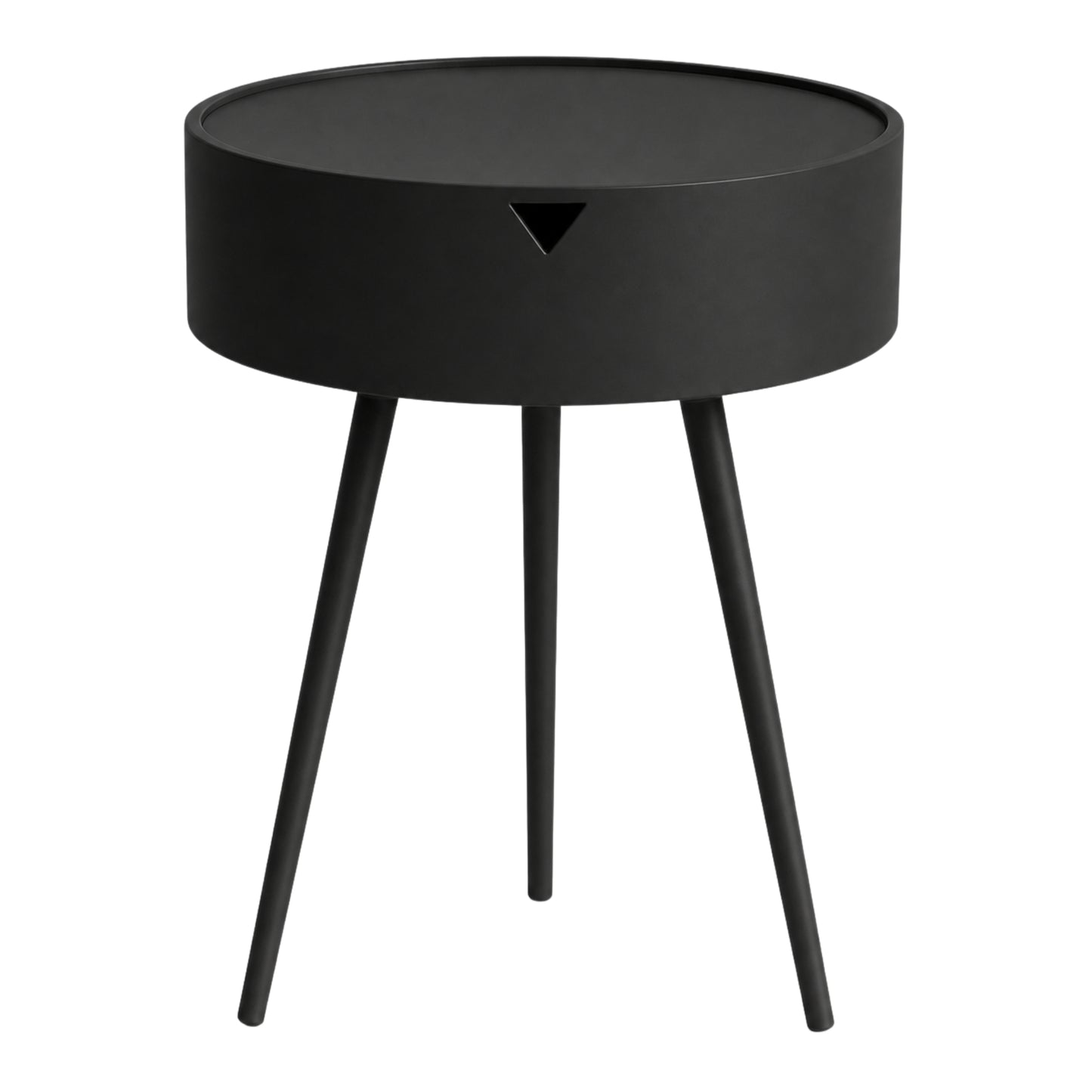 Vista lateral de mesita auxiliar negra con cajón y diseño moderno