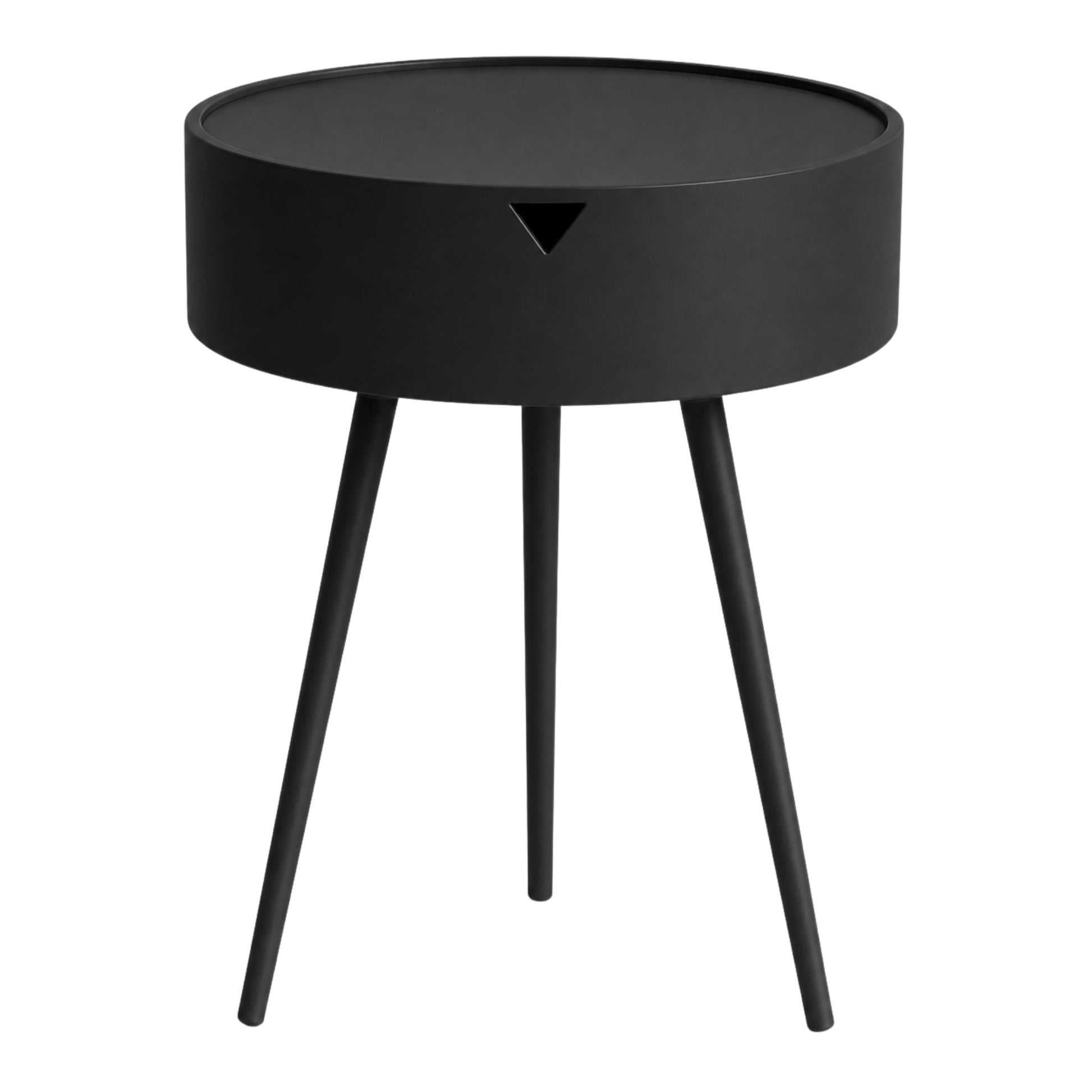 Vista lateral de mesita auxiliar negra con cajón y diseño moderno