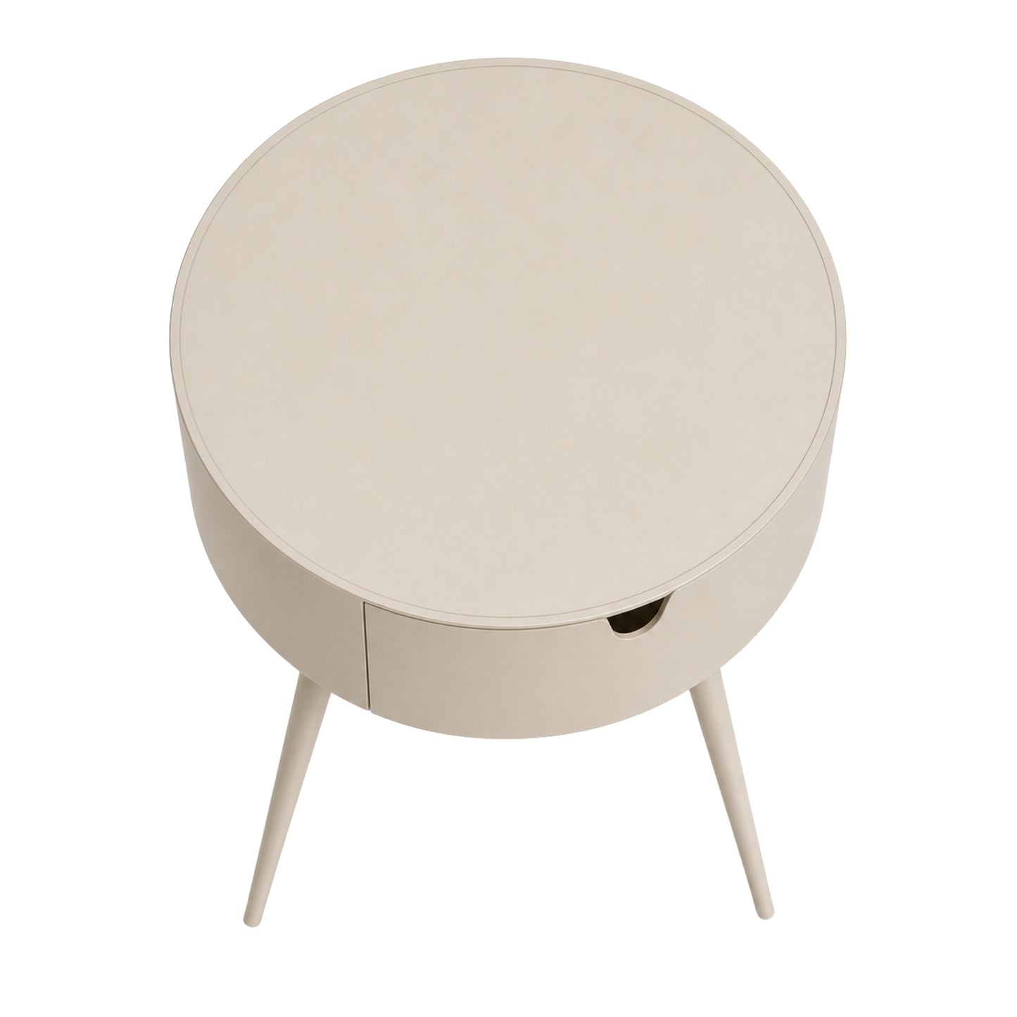 Vista superior de mesita auxiliar beige con cajón para sala o negocio