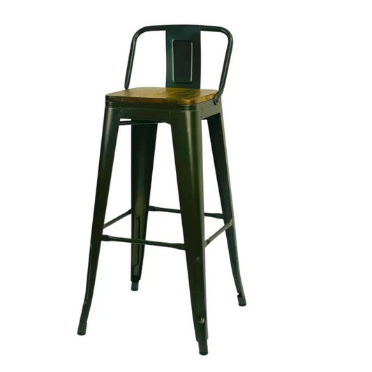 Taburete Tolix verde metálico con espaldar y asiento de madera para restaurante