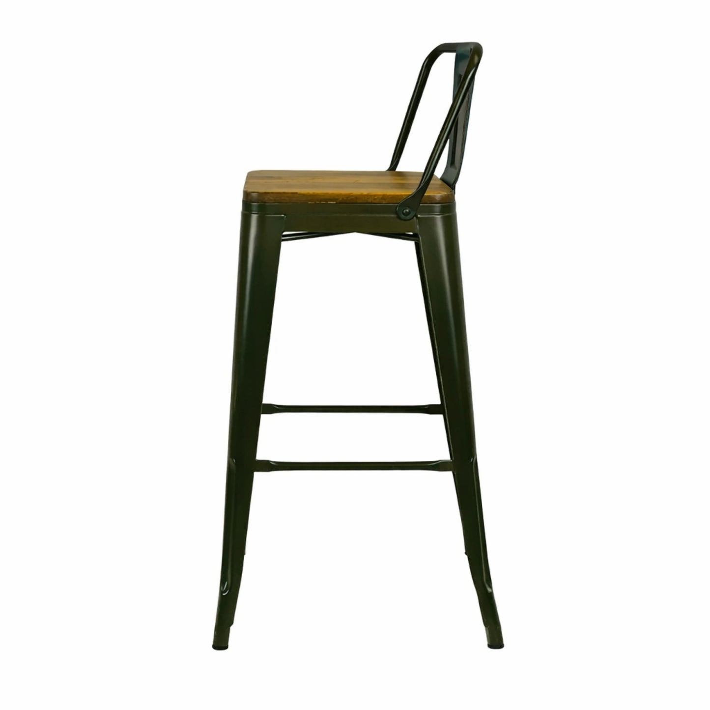 Taburete metálico Tolix verde con asiento de madera para cafetería o negocio