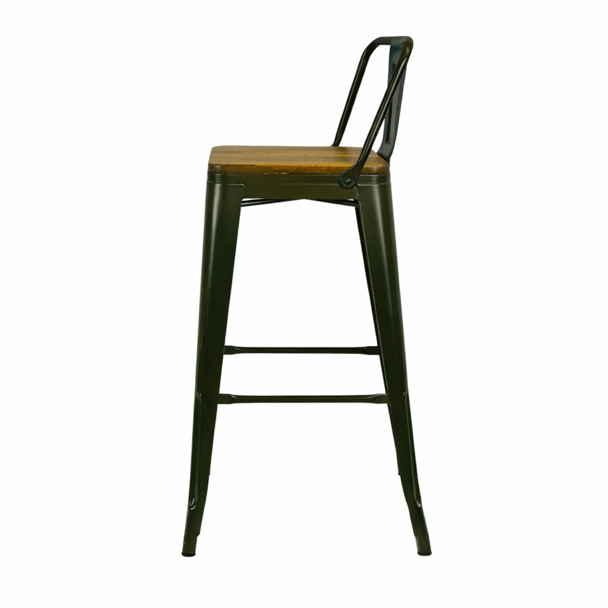 Taburete metálico Tolix verde con asiento de madera para cafetería o negocio