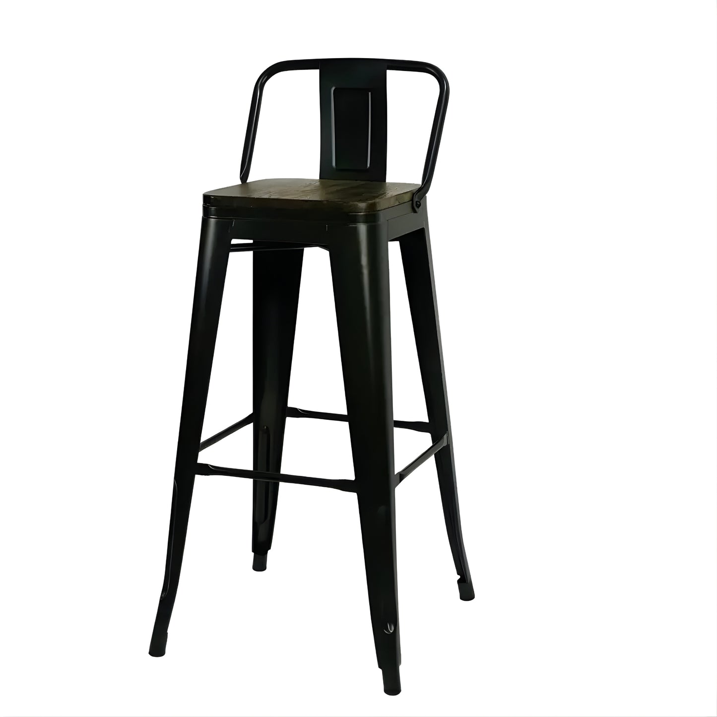 Taburete metálico Tolix negro con espaldar y asiento de madera para bar